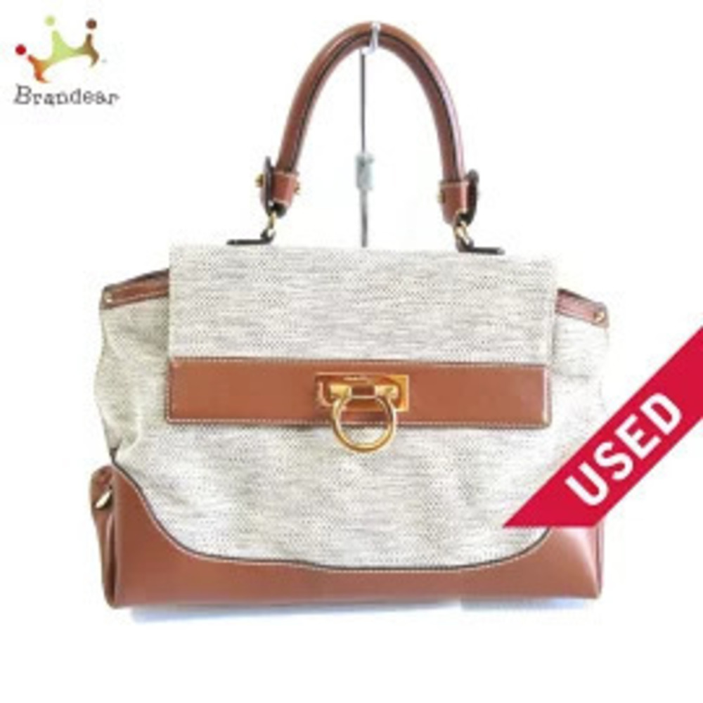 Salvatore Ferragamo Sofia Handbag Ivory White x Beige Cream Brown Canvas Leather